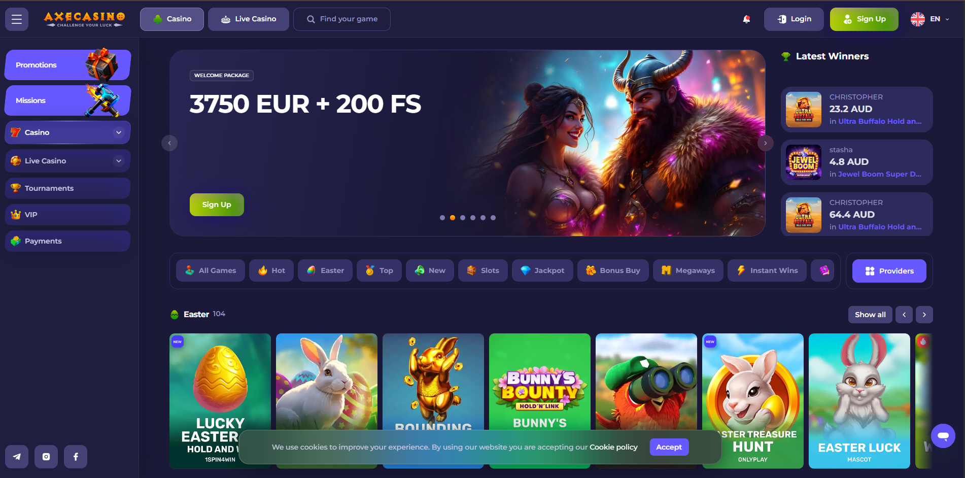 AxeCasino review interface, showcasing games and bonuses.
