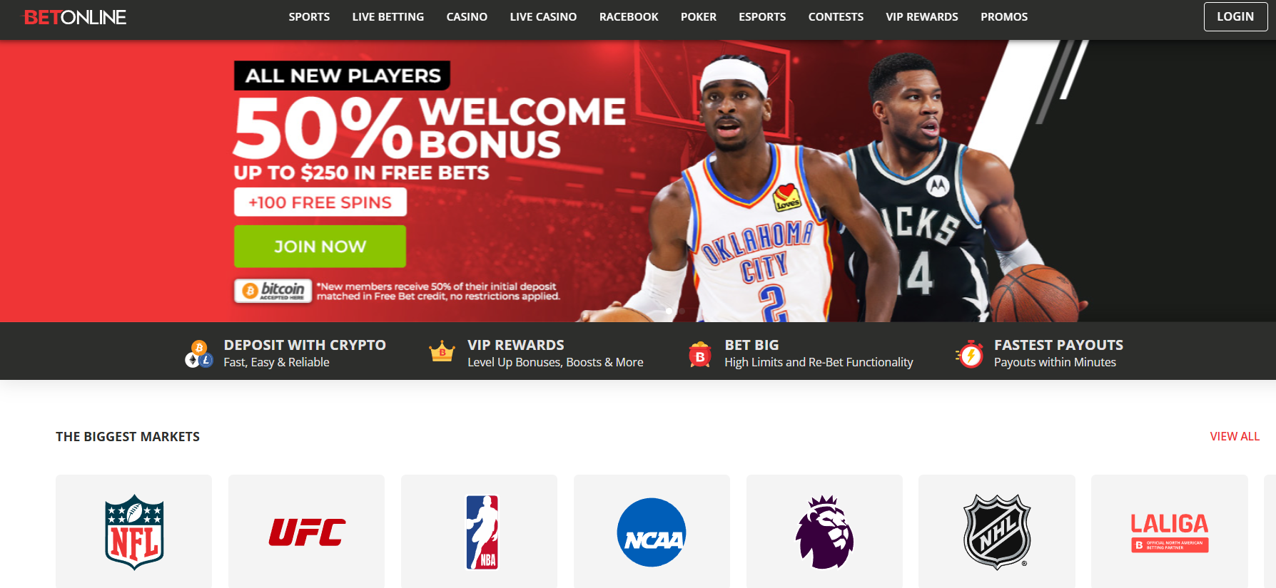 BetOnline review: Homepage screenshot highlighting sports betting.