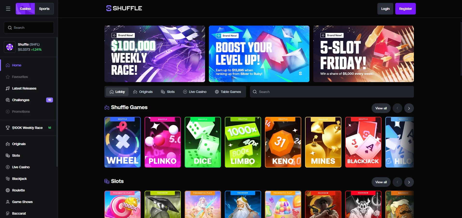 Shuffle crypto casino review: user interface screenshot.